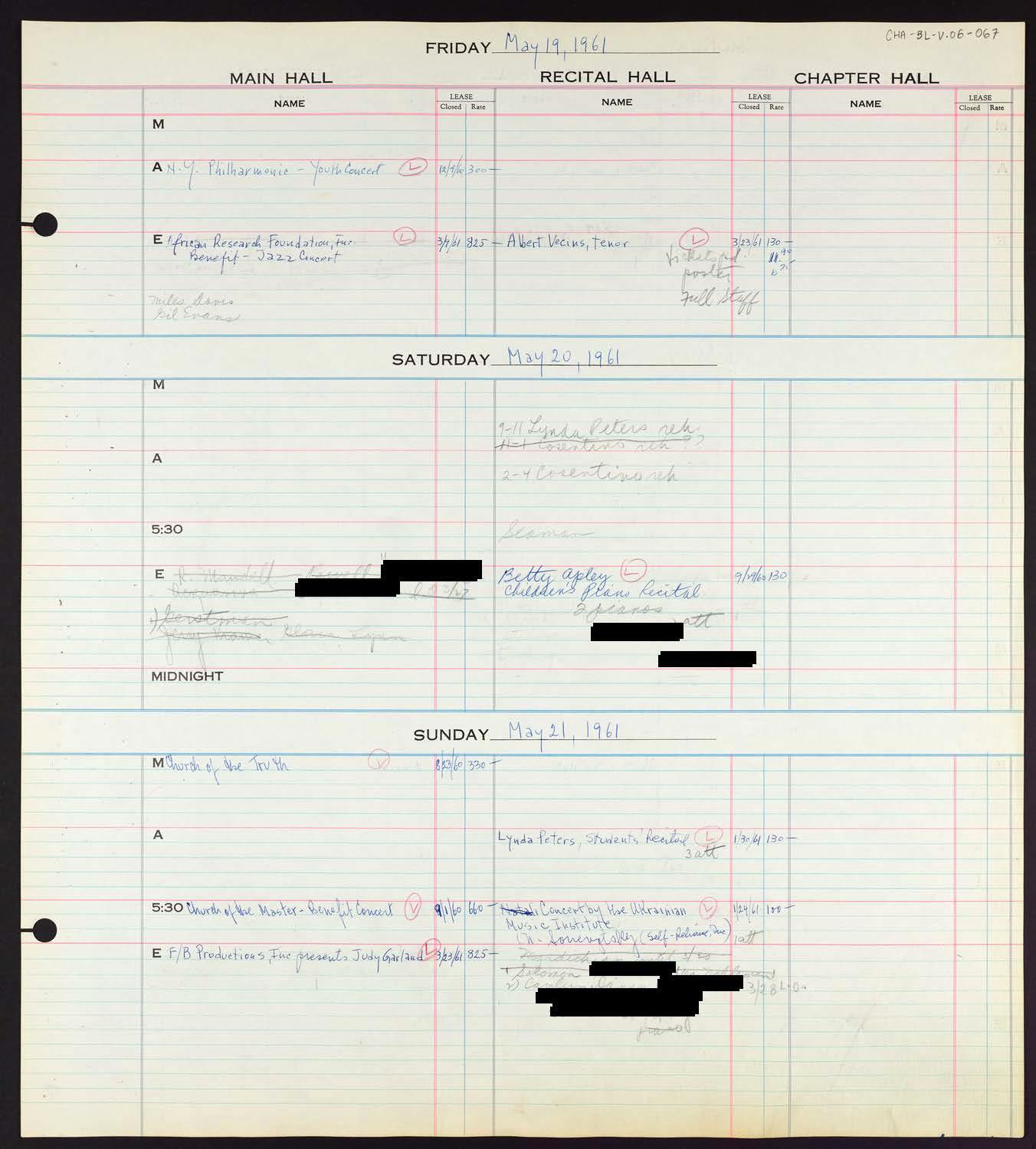 Carnegie Hall Booking Ledger, volume 6, page 67