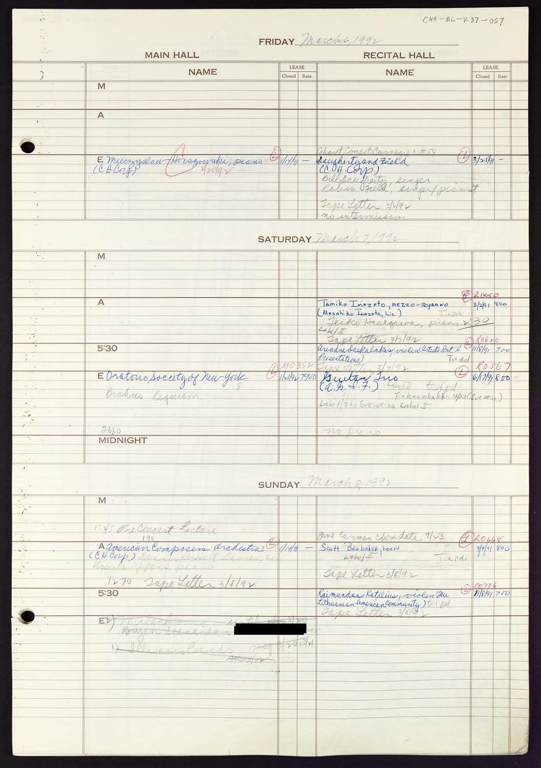 Carnegie Hall Booking Ledger, volume 37, page 57