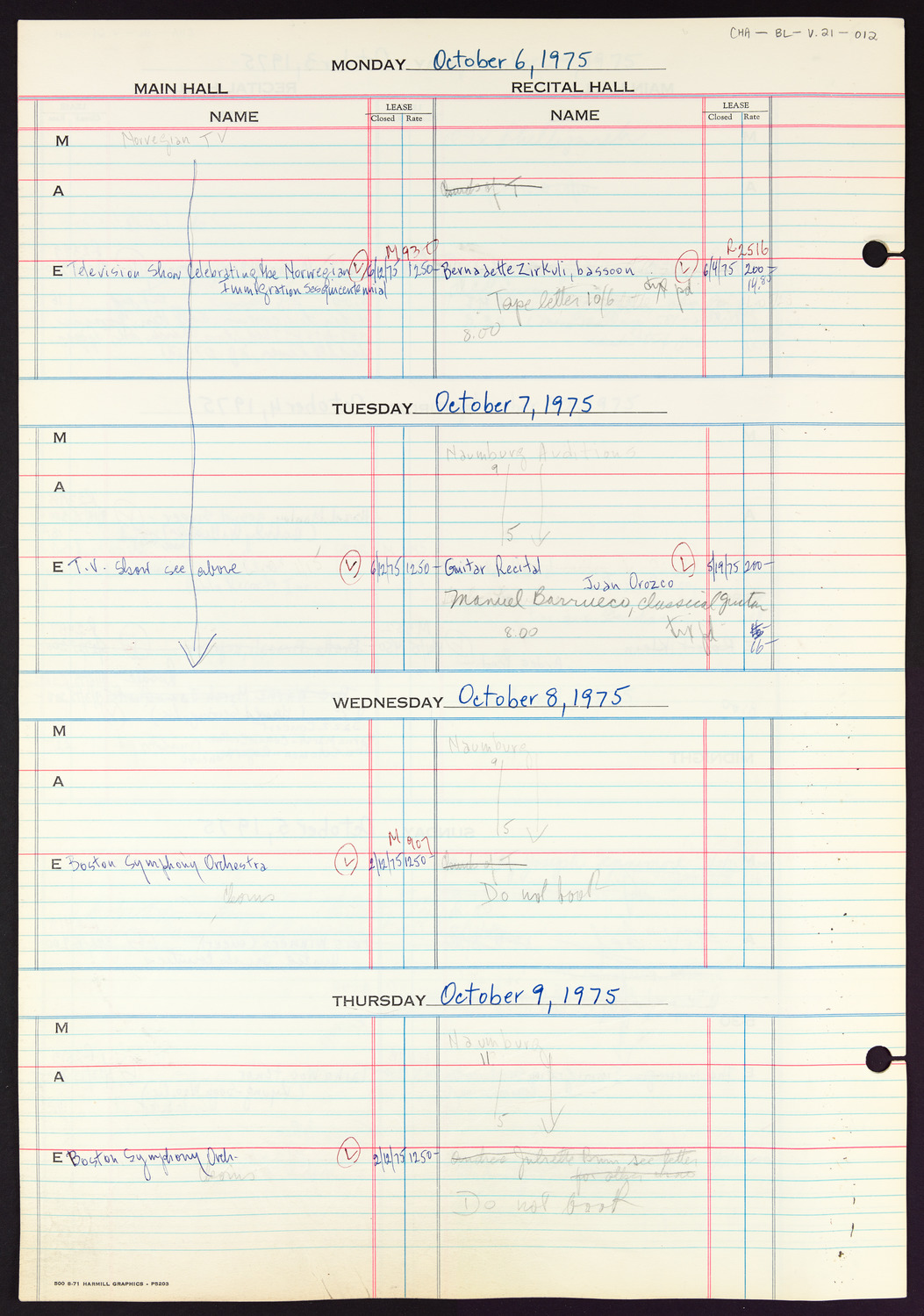 Carnegie Hall Booking Ledger, volume 21, page 12