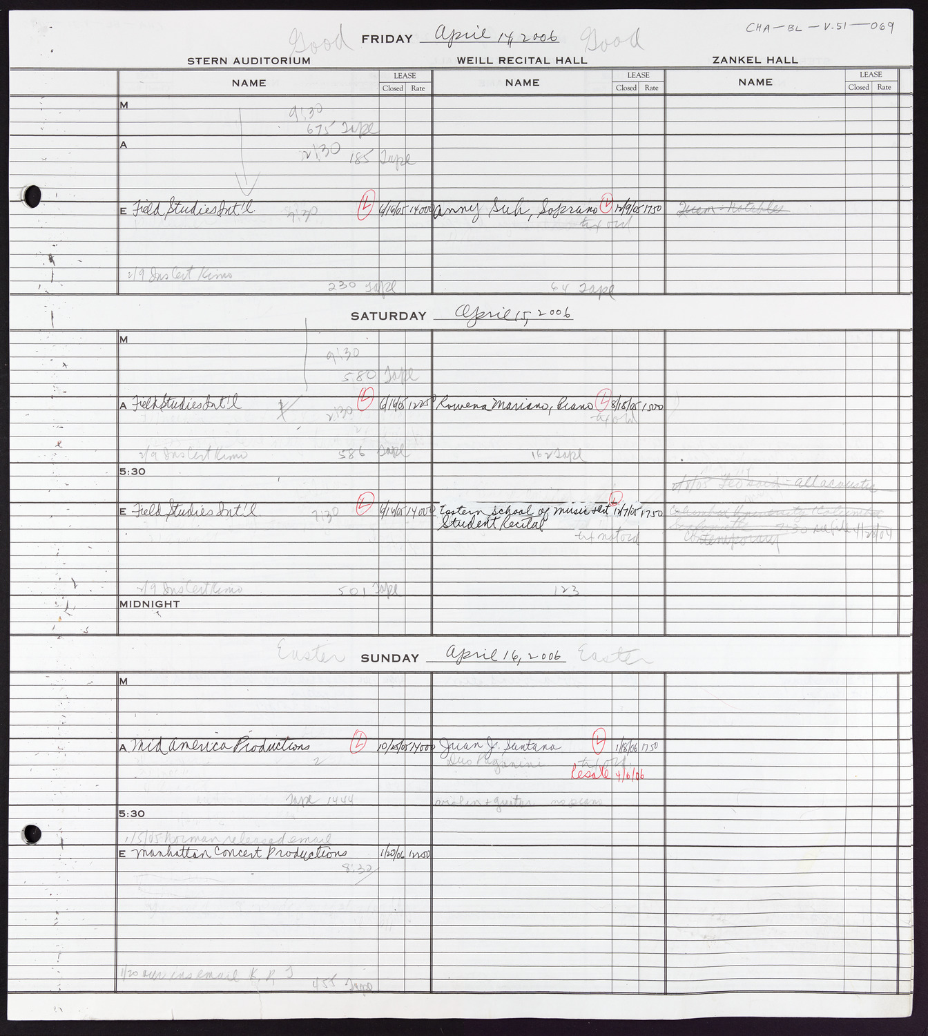 Carnegie Hall Booking Ledger, volume 51, page 69