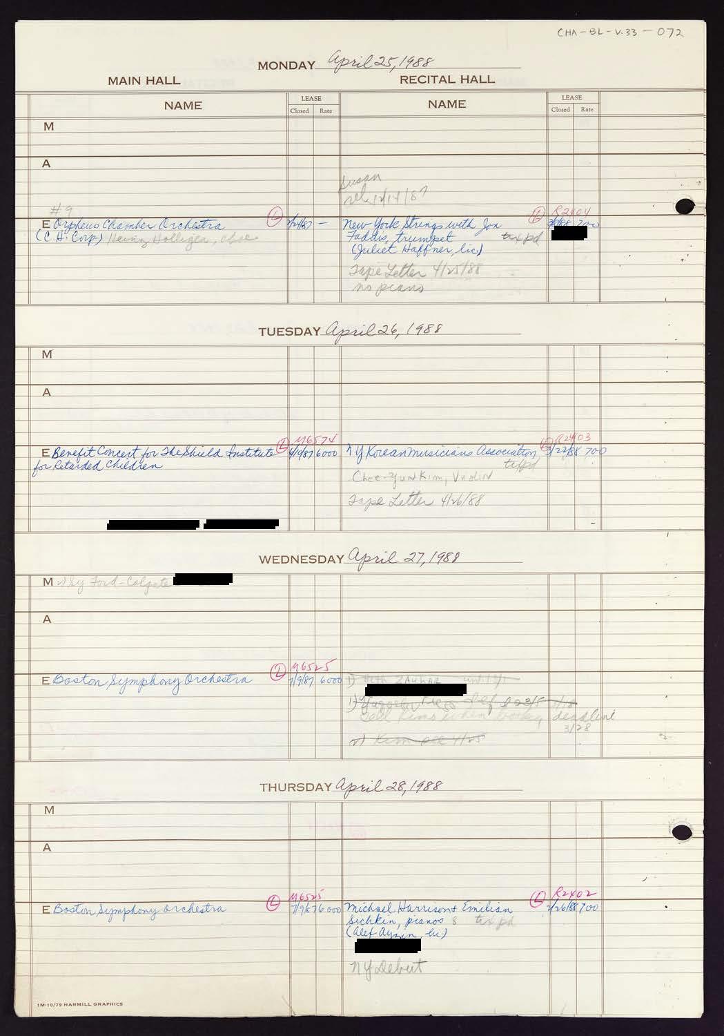 Carnegie Hall Booking Ledger, volume 33, page 72