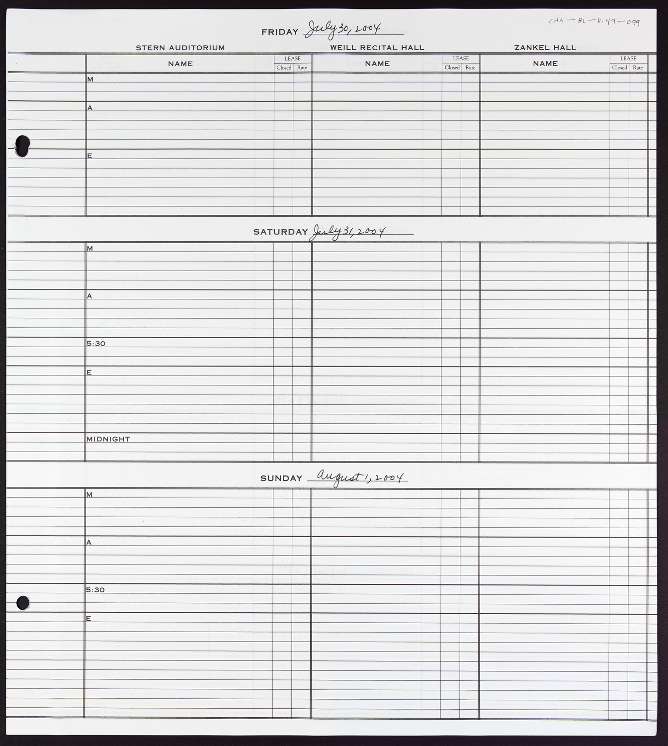 Carnegie Hall Booking Ledger, volume 49, page 99