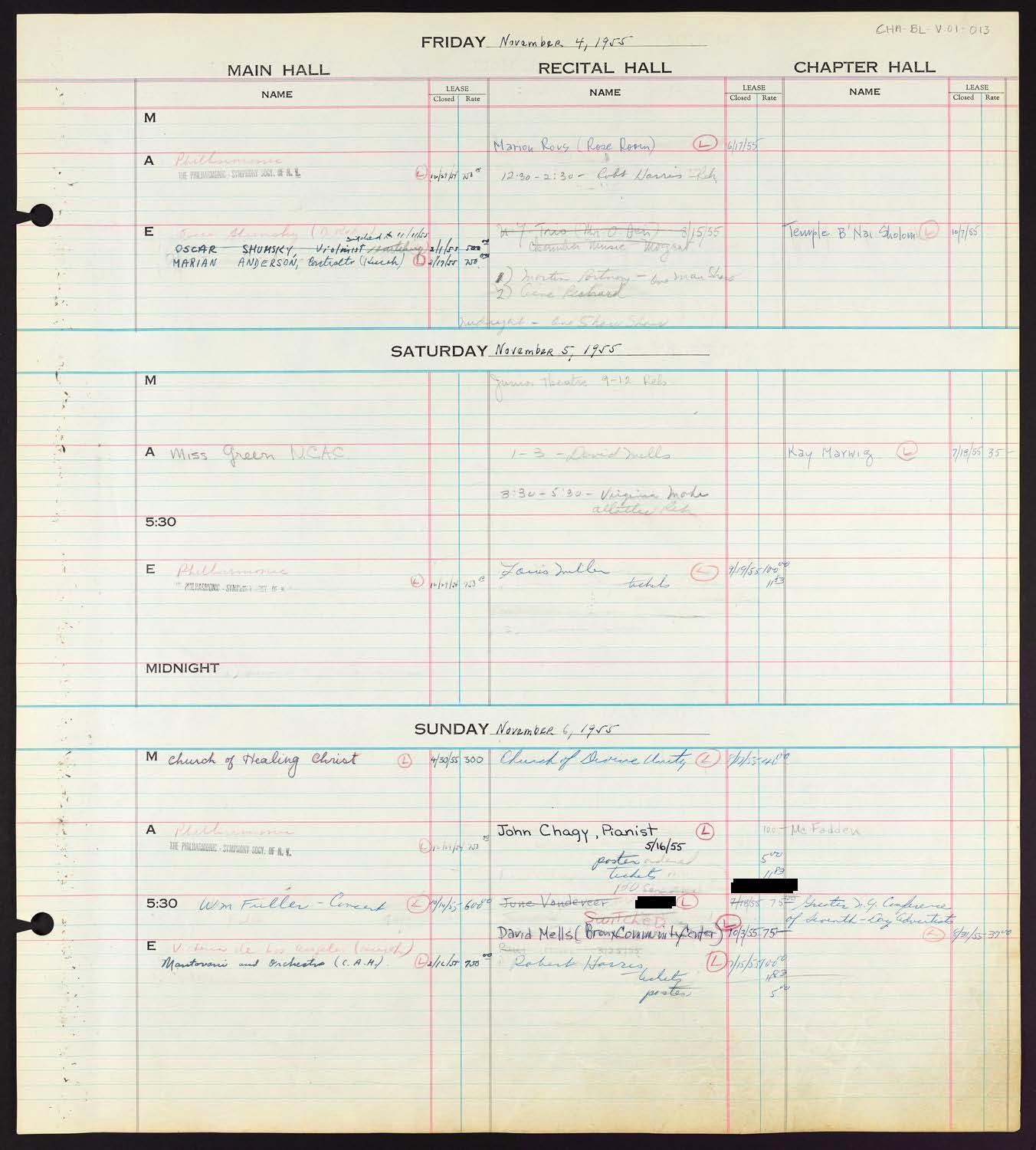Carnegie Hall Booking Ledger, volume 1, page 13