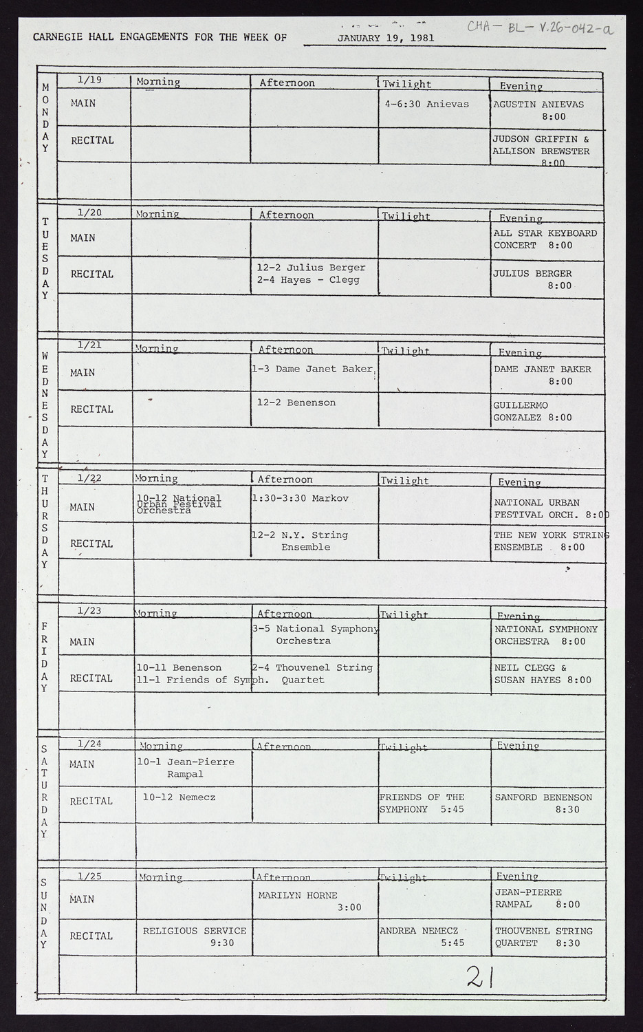 Carnegie Hall Booking Ledger, volume 26, page 42a