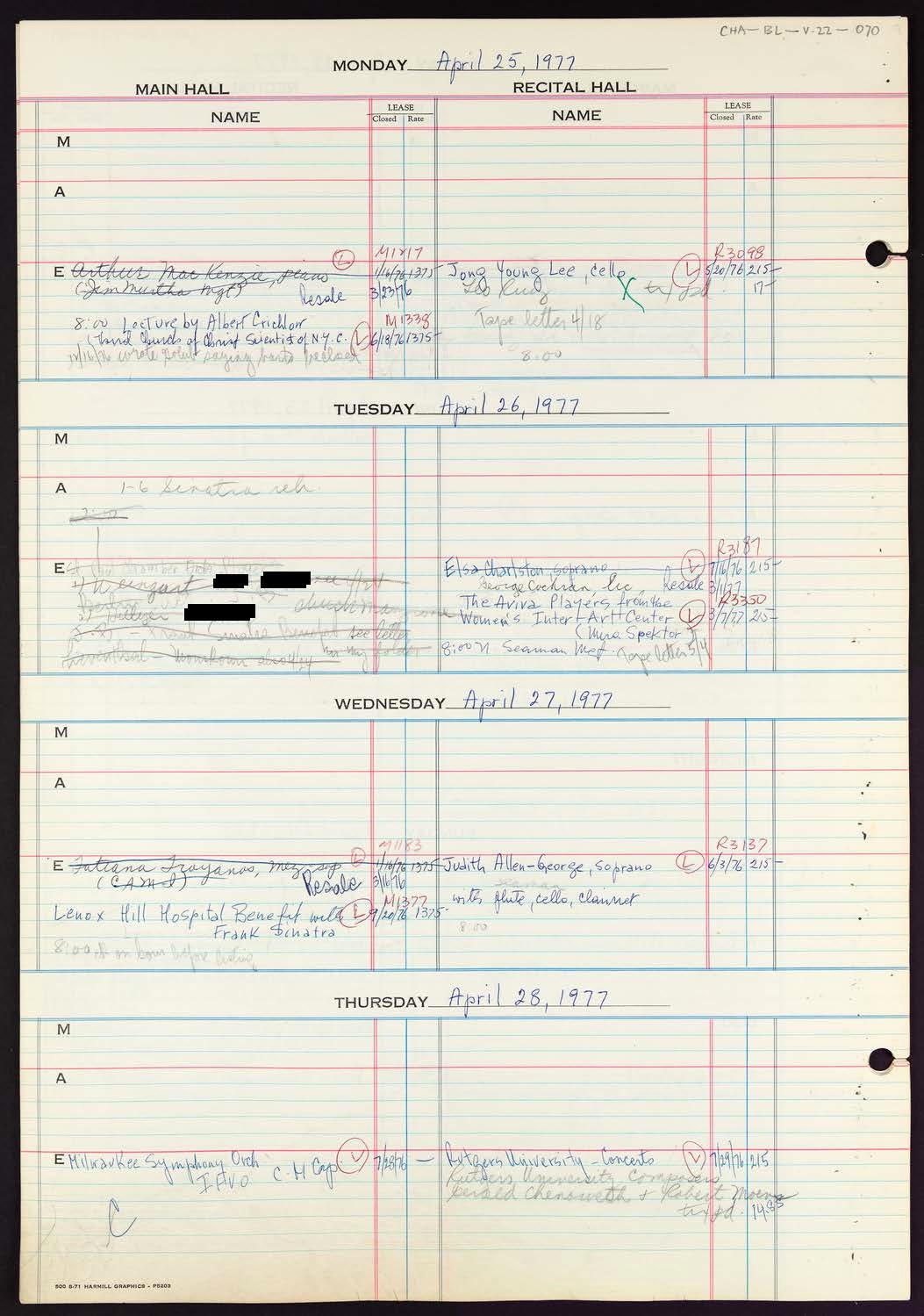 Carnegie Hall Booking Ledger, volume 22, page 70