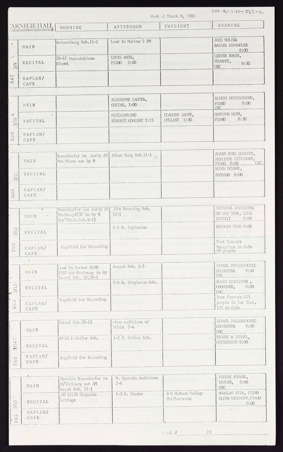 Carnegie Hall Booking Ledger, volume 30, page 57a