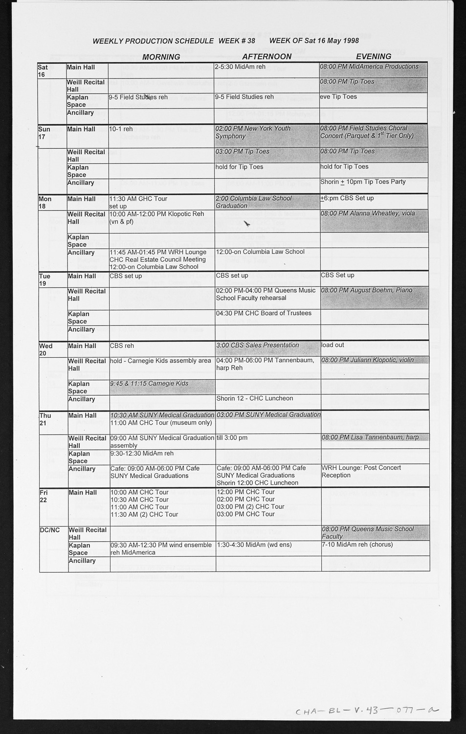 Carnegie Hall Booking Ledger, volume 43, page 77a