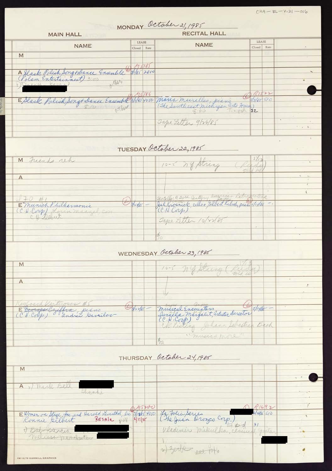 Carnegie Hall Booking Ledger, volume 31, page 16