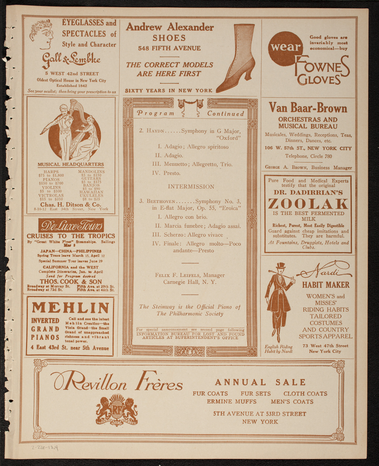 New York Philharmonic, February 22, 1917, program page 7