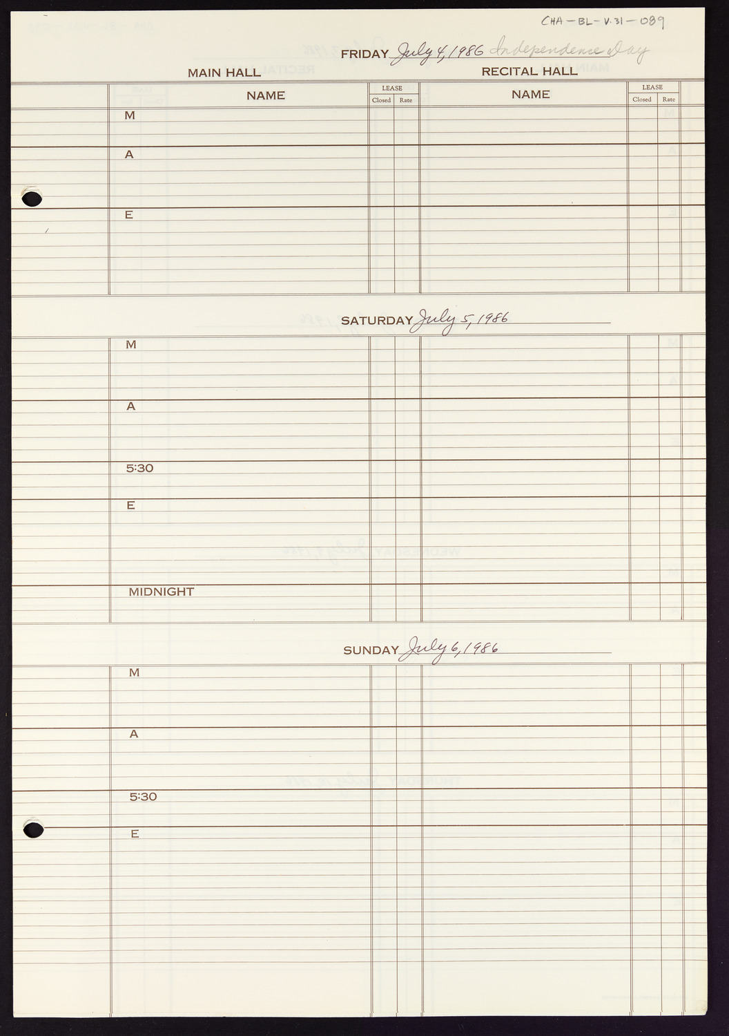 Carnegie Hall Booking Ledger, volume 31, page 89