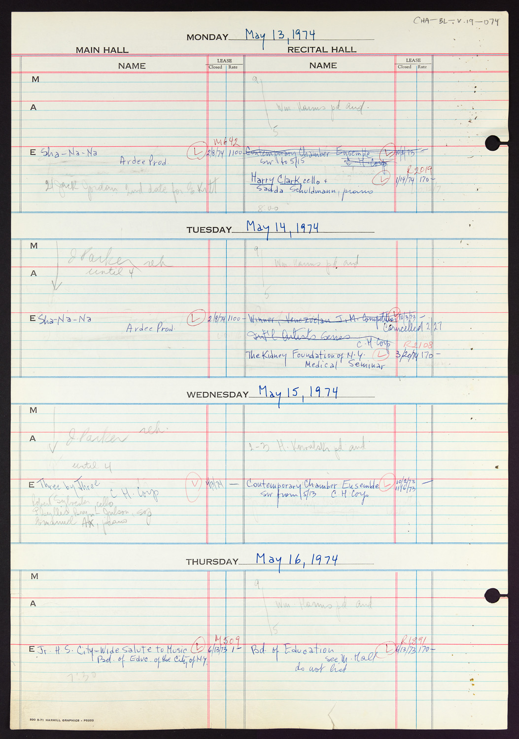 Carnegie Hall Booking Ledger, volume 19, page 74