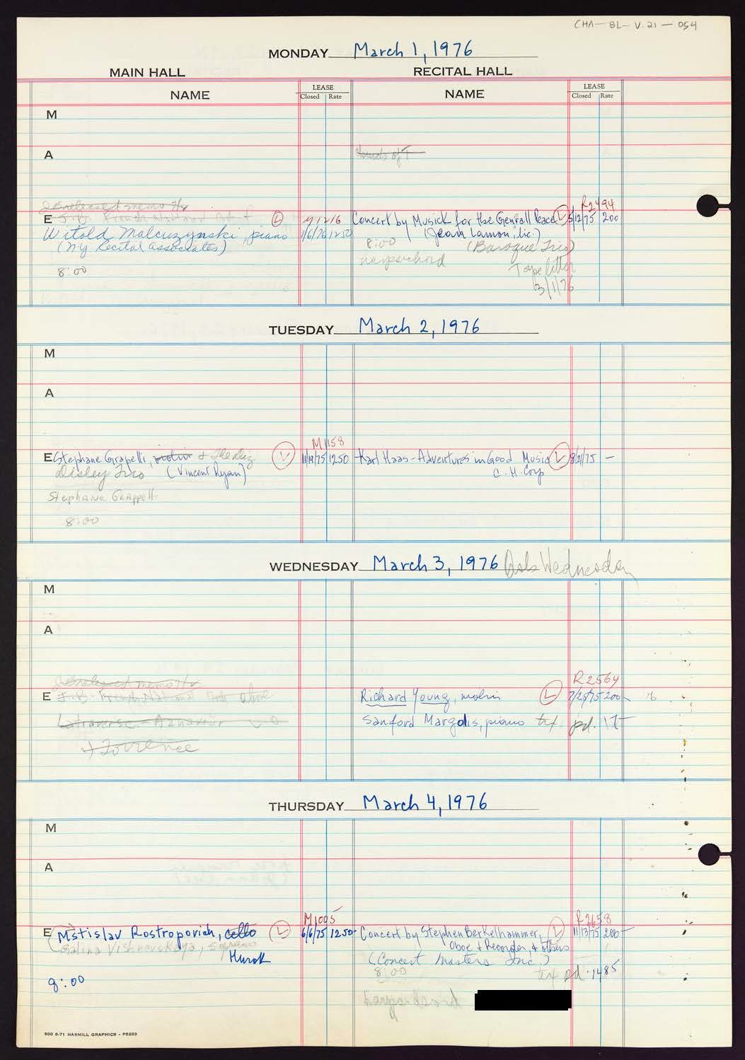 Carnegie Hall Booking Ledger, volume 21, page 54