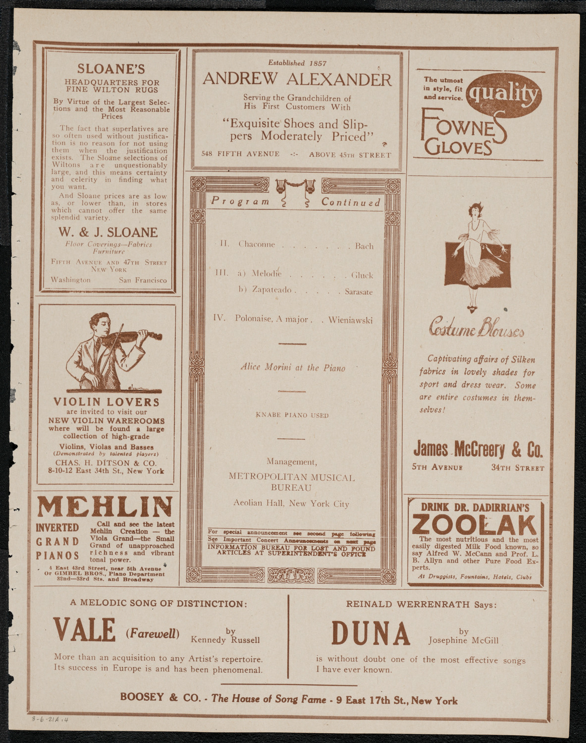Erica Morini, Violin, March 6, 1921, program page 7