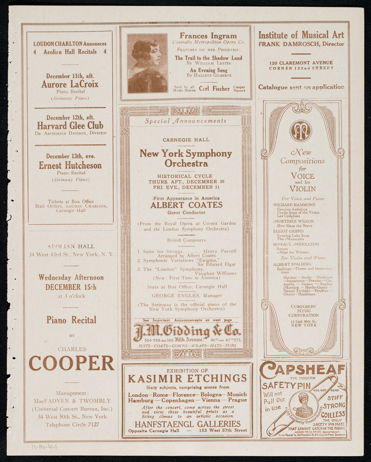 New York Symphony Orchestra, December 10, 1920, program page 9