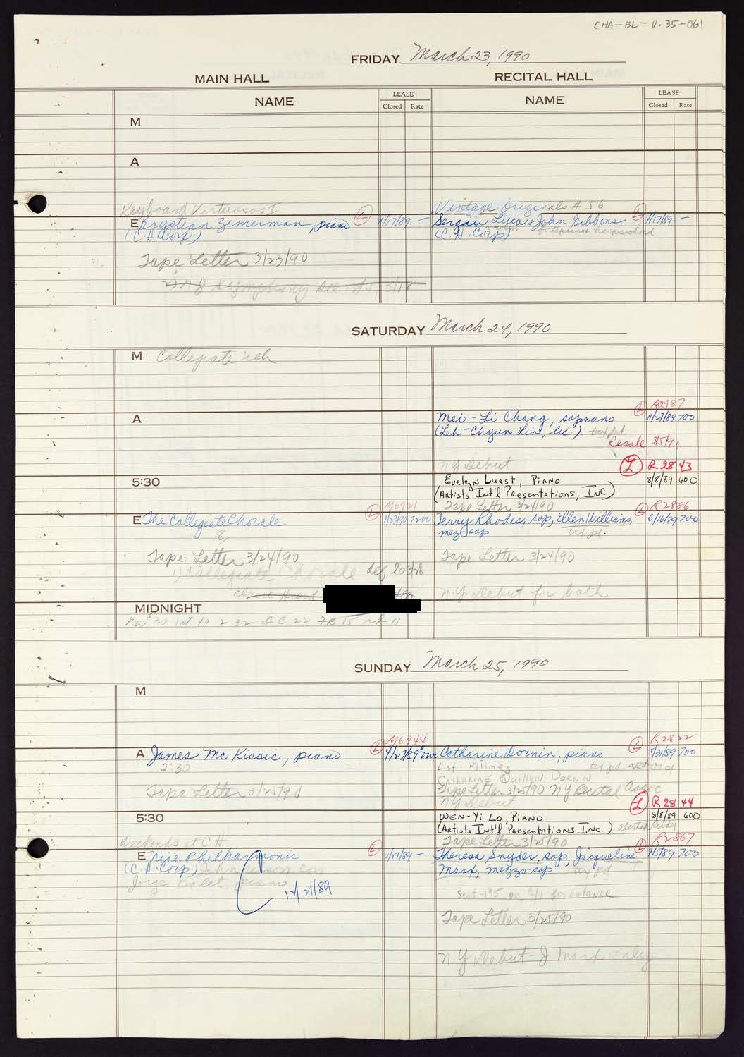 Carnegie Hall Booking Ledger, volume 35, page 61