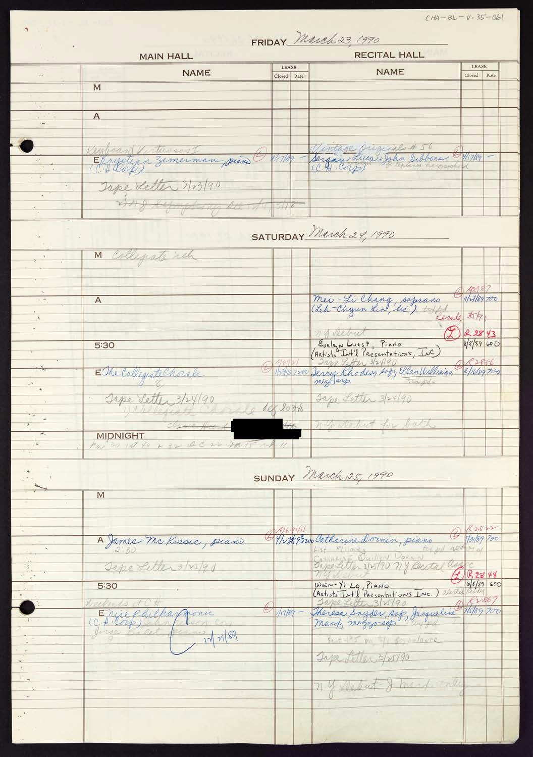 Carnegie Hall Booking Ledger, volume 35, page 61