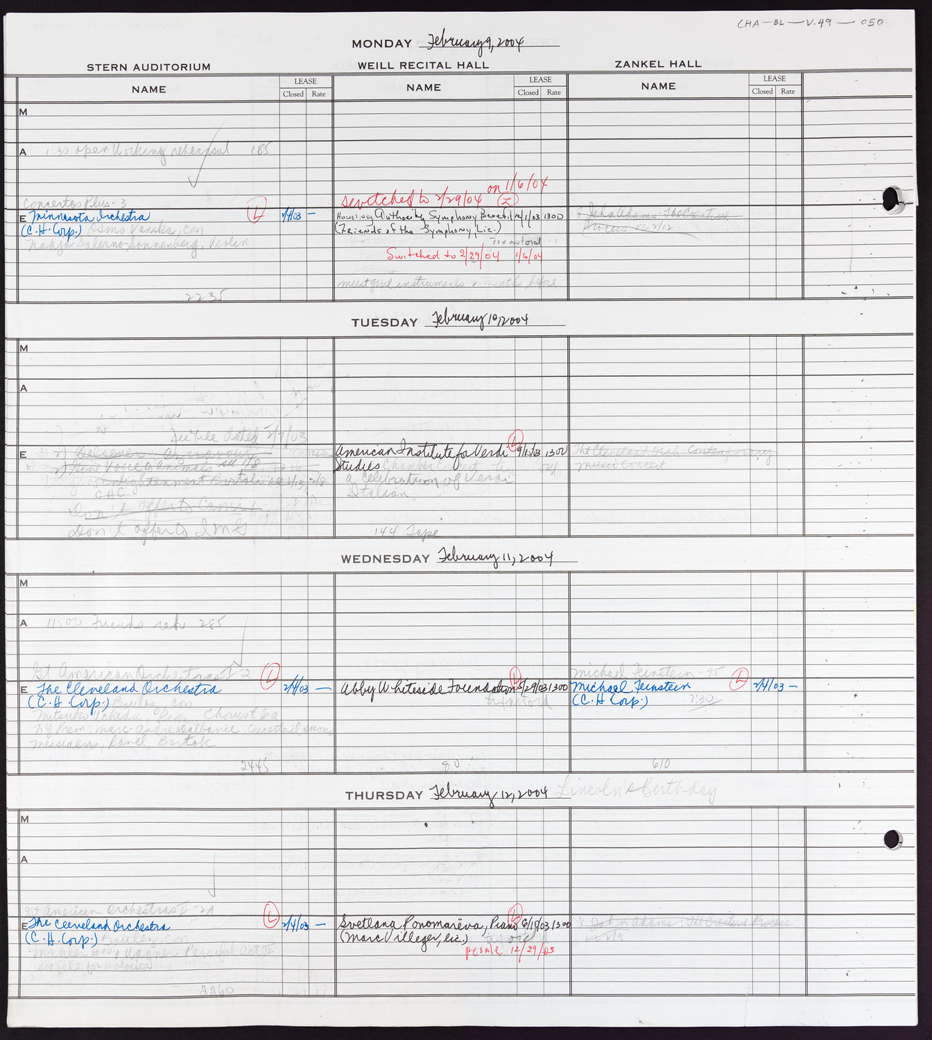 Carnegie Hall Booking Ledger, volume 49, page 50