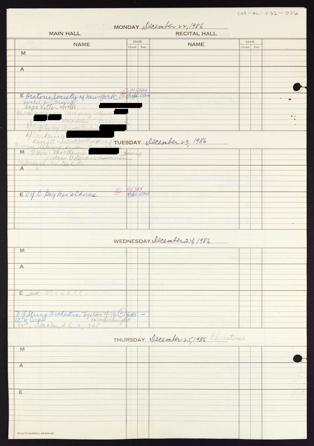 Carnegie Hall Booking Ledger, volume 32, page 36