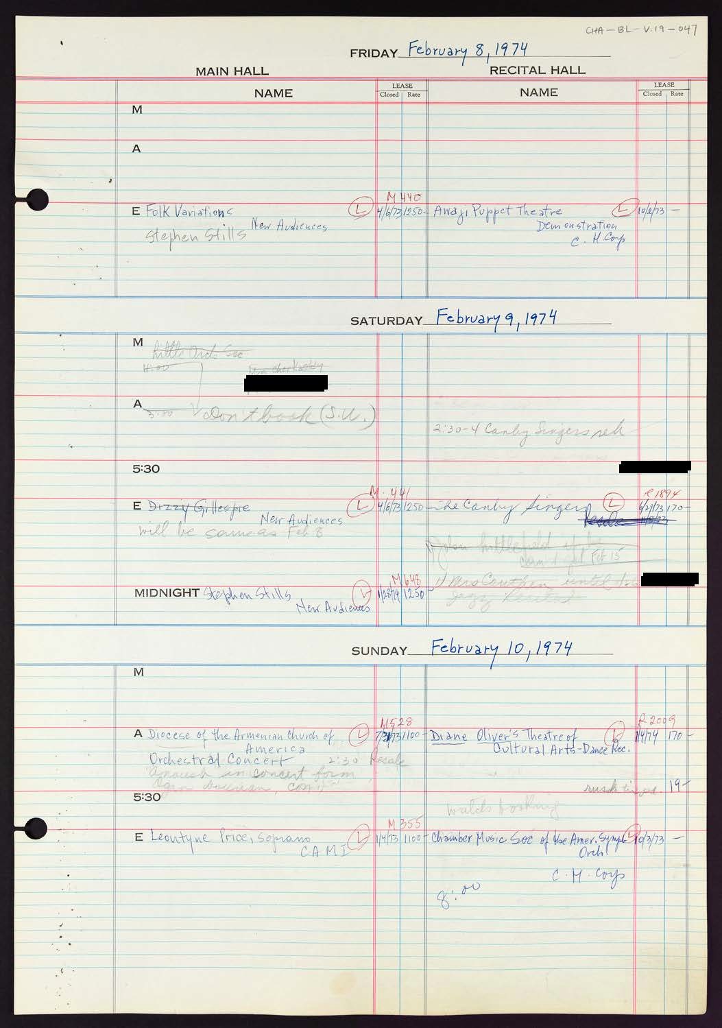 Carnegie Hall Booking Ledger, volume 19, page 47