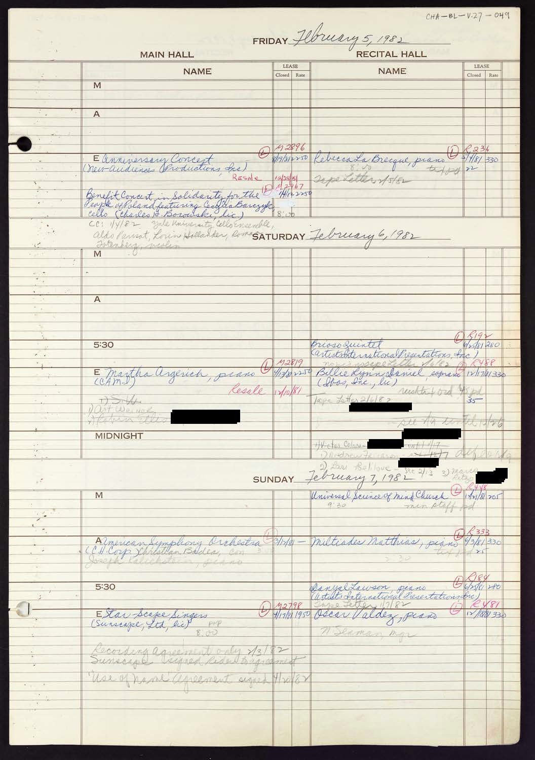 Carnegie Hall Booking Ledger, volume 27, page 49