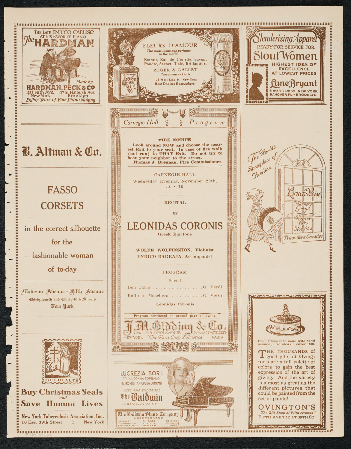 Leonidas Coronis, Baritone, November 29, 1922, program page 5