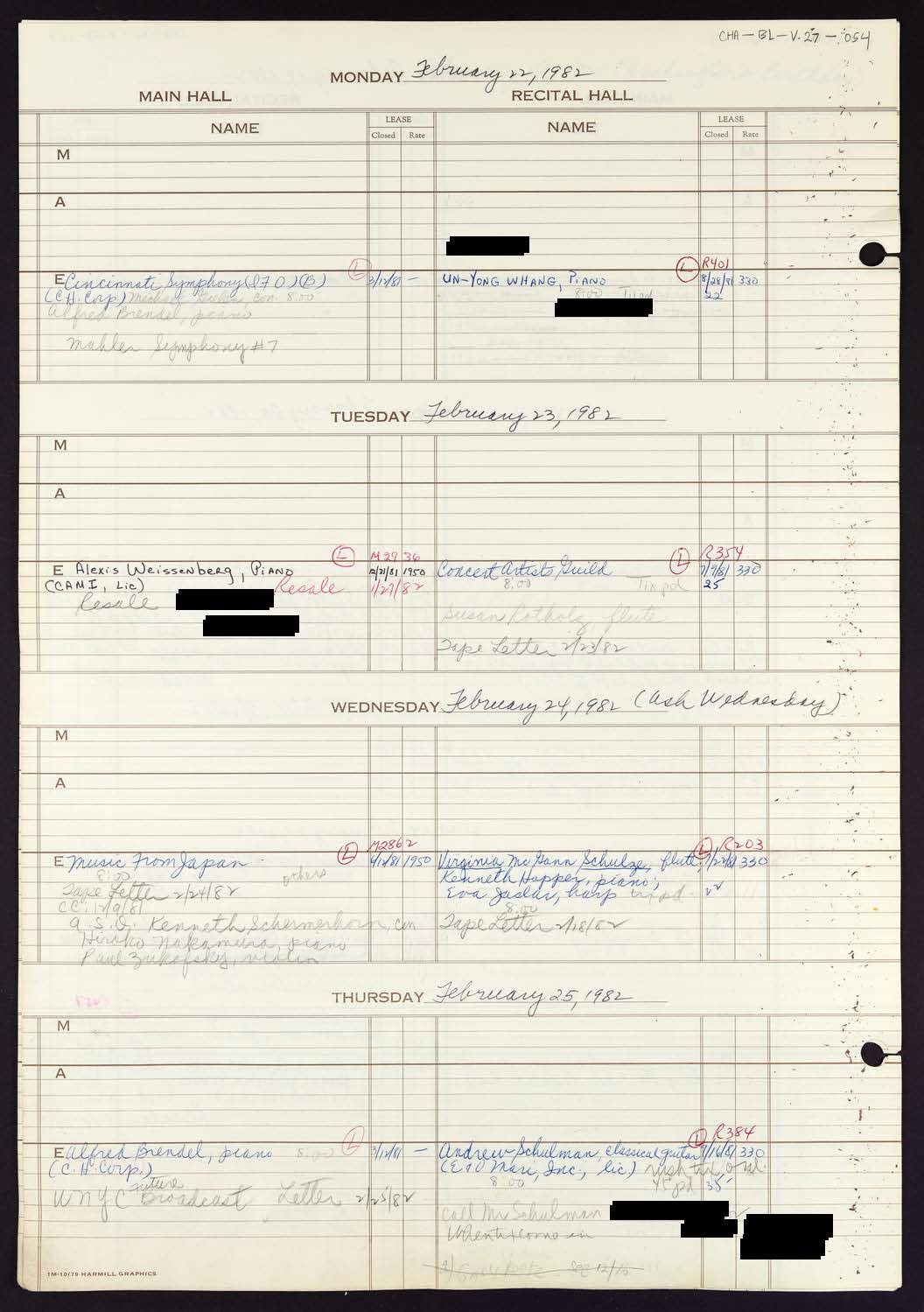 Carnegie Hall Booking Ledger, volume 27, page 54