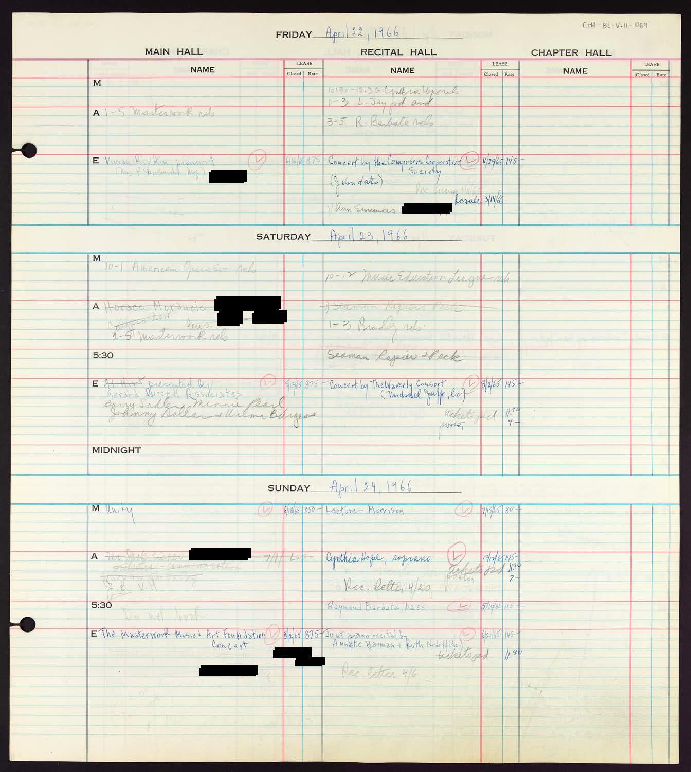 Carnegie Hall Booking Ledger, volume 11, page 69