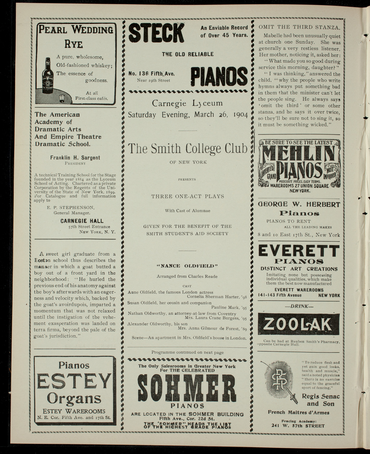 Smith College Theatre Club Benefit Performance for the Smith Students' Aid Society, March 26, 1904, program page 2