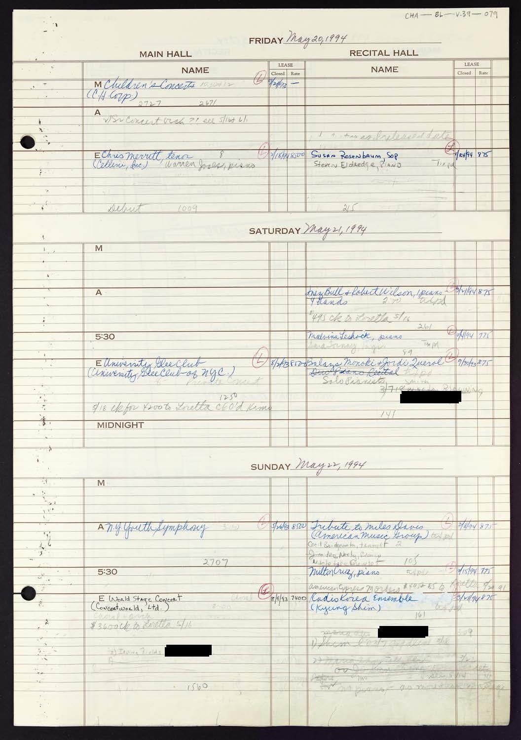 Carnegie Hall Booking Ledger, volume 39, page 79