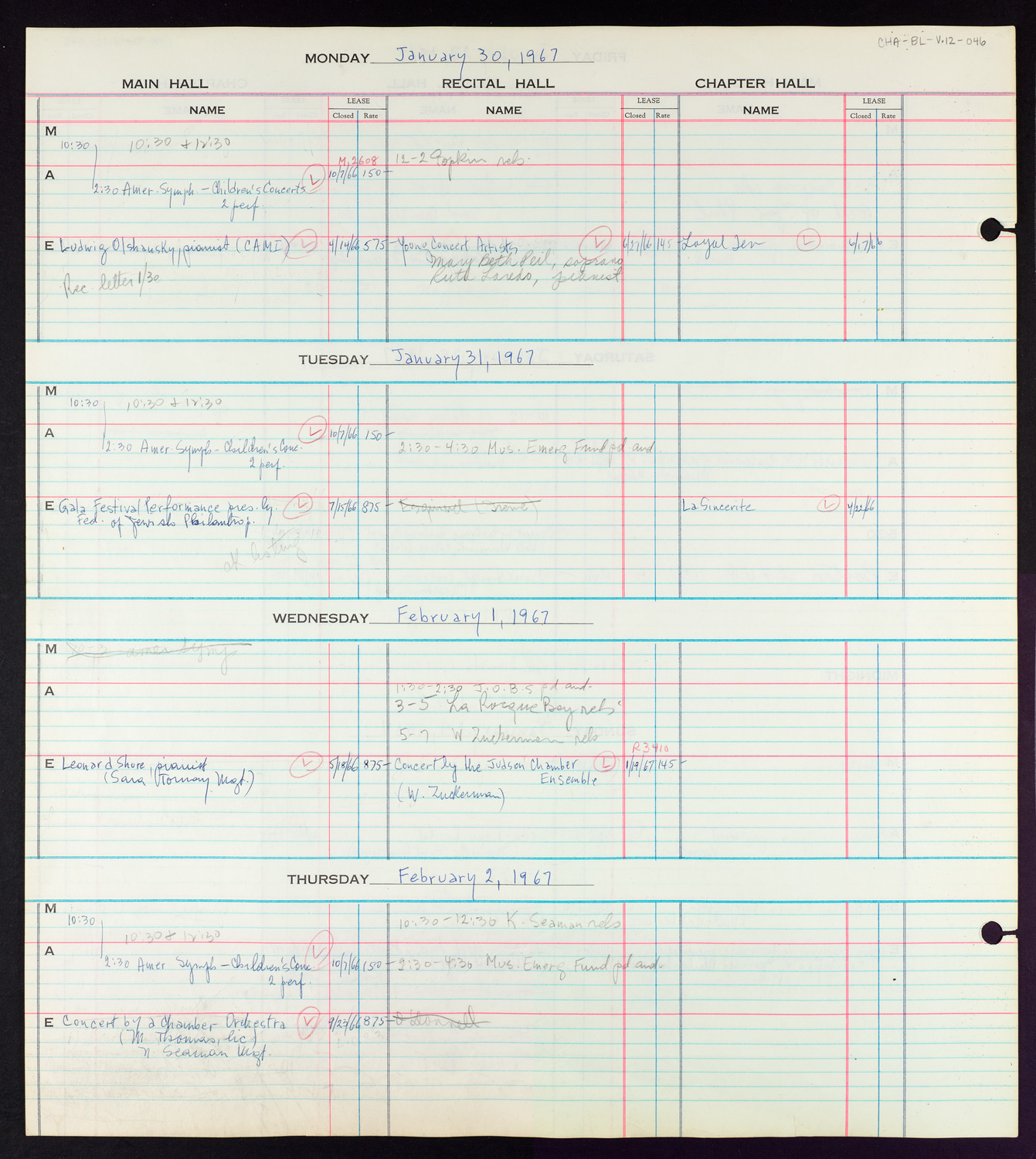 Carnegie Hall Booking Ledger, volume 12, page 46