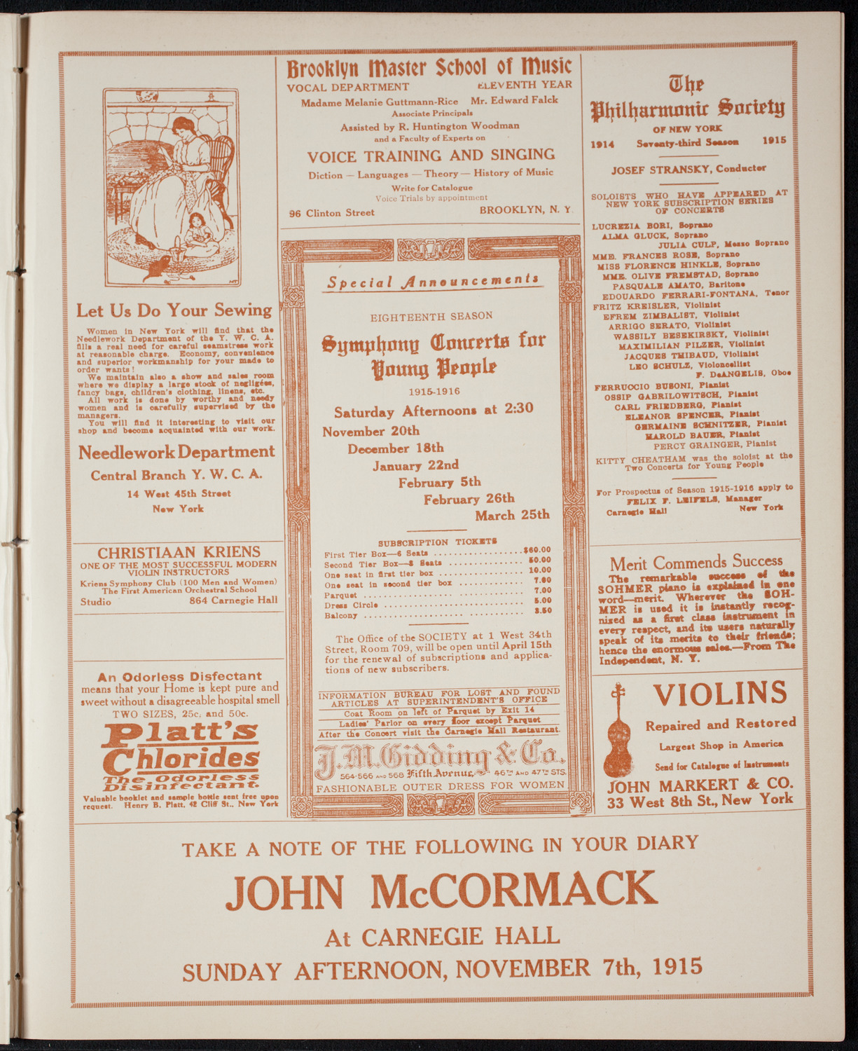 John McCormack, Tenor, April 25, 1915, program page 9