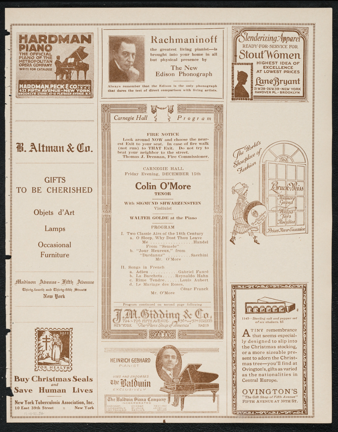 Colin O'More, Tenor, with Sigmund Schwarzenstein, Violin, December 15, 1922, program page 5