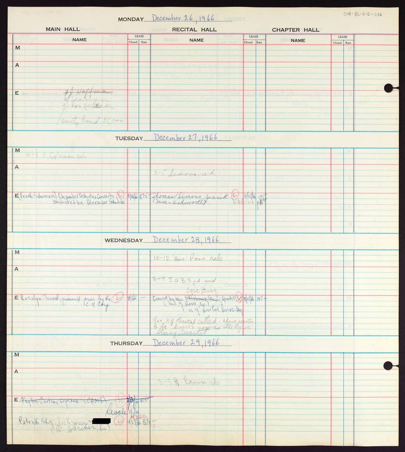 Carnegie Hall Booking Ledger, volume 12, page 36