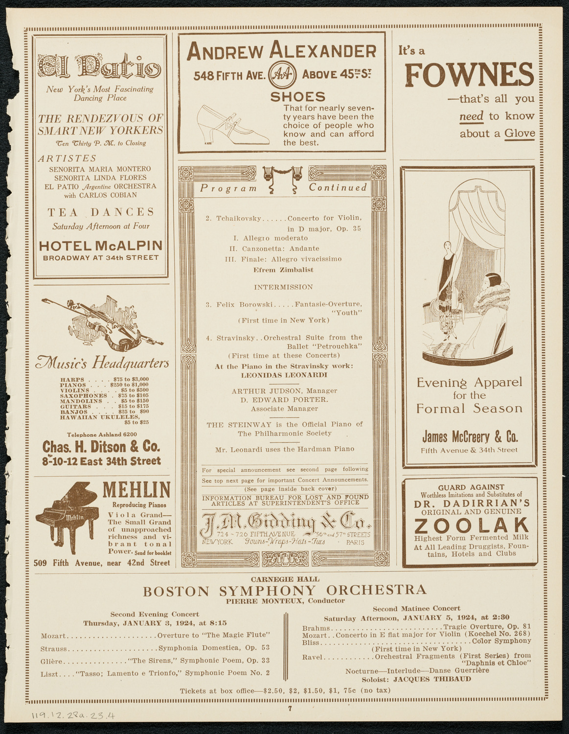New York Philharmonic, December 28, 1923, program page 7