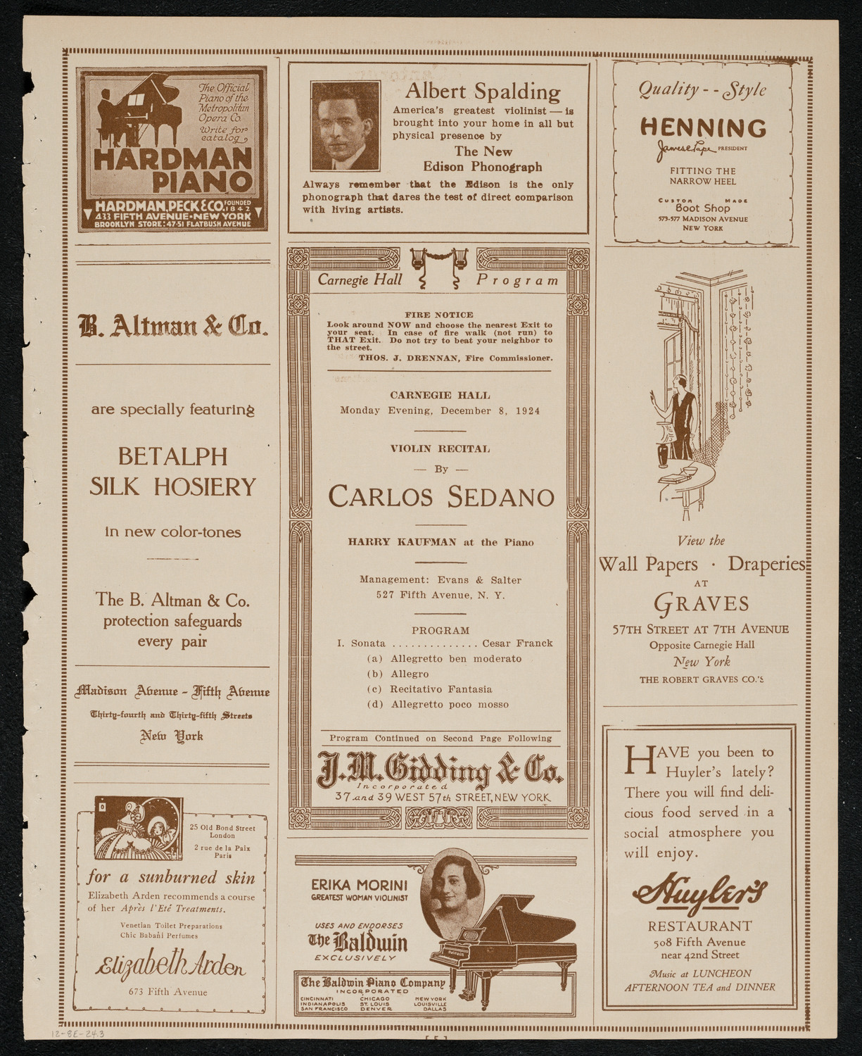 Carlos Sedano, Violin, December 8, 1924, program page 5