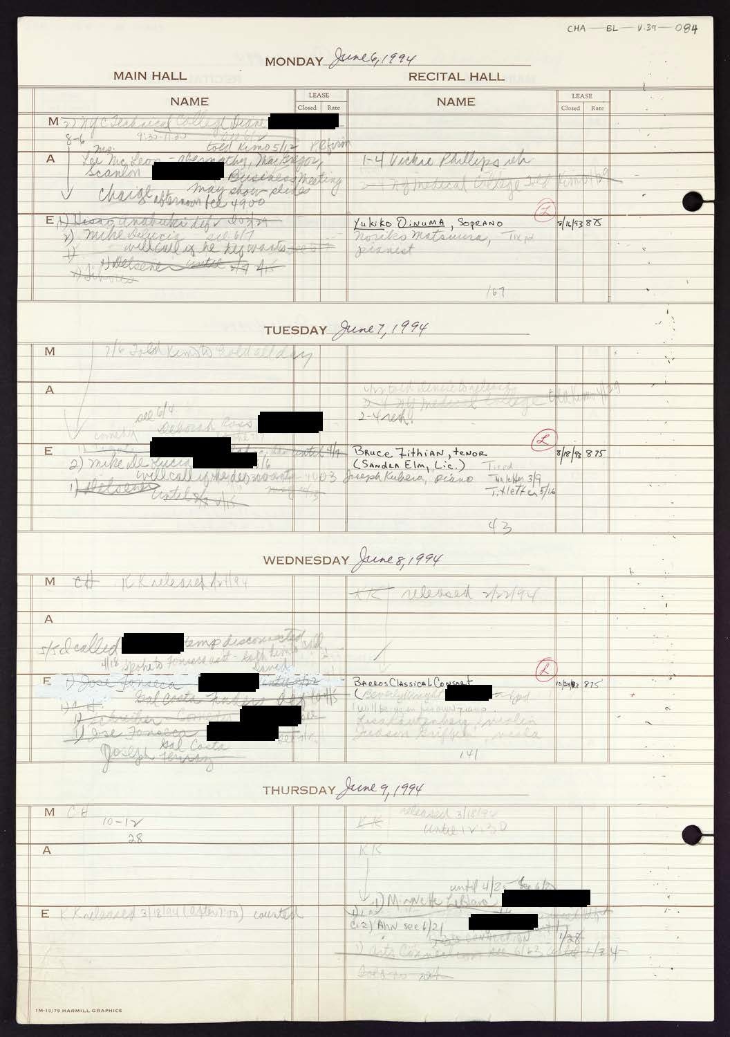 Carnegie Hall Booking Ledger, volume 39, page 84