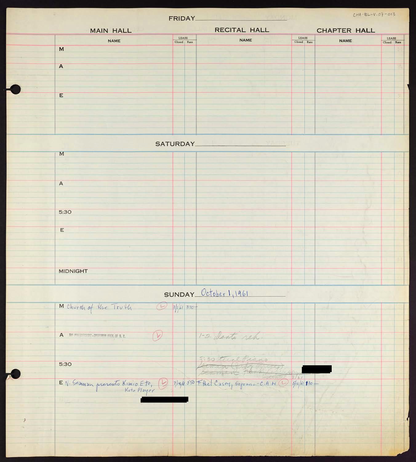 Carnegie Hall Booking Ledger, volume 7, page 13