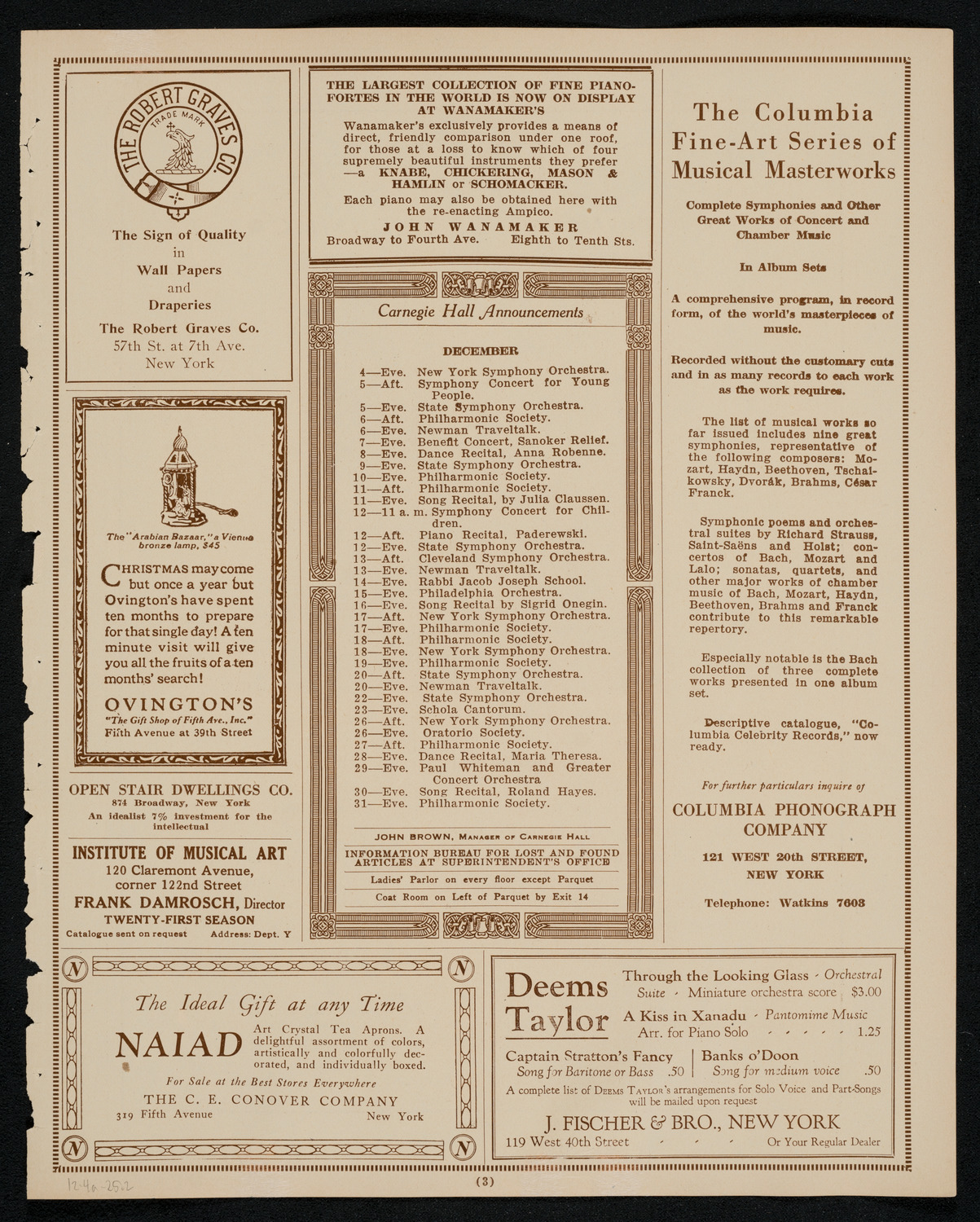 New York Philharmonic, December 4, 1925, program page 3