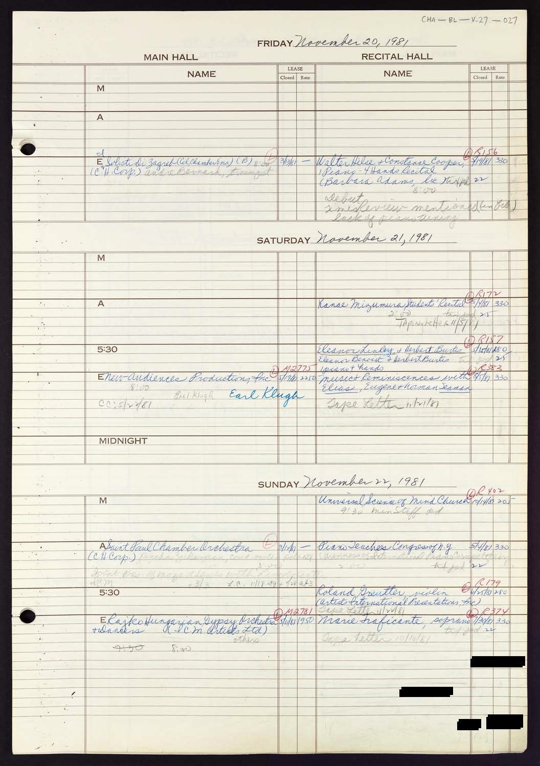 Carnegie Hall Booking Ledger, volume 27, page 27