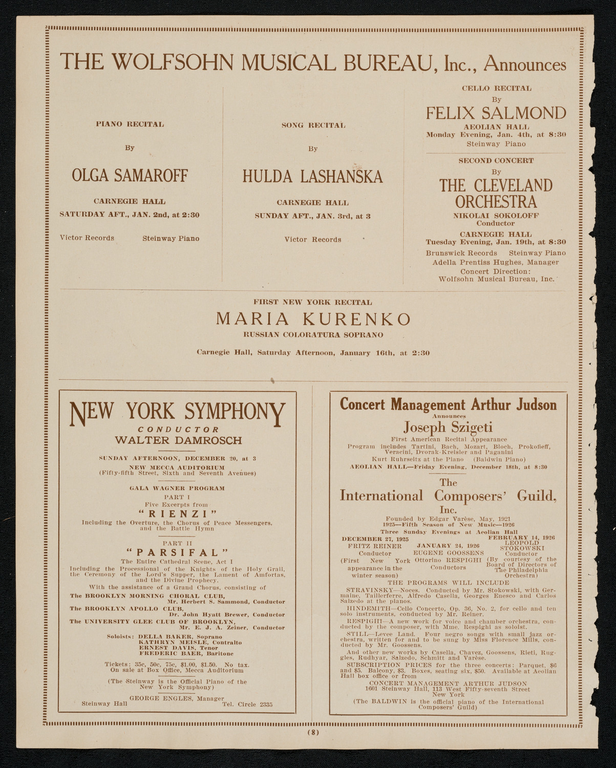 New York Symphony Orchestra, December 17, 1925, program page 8