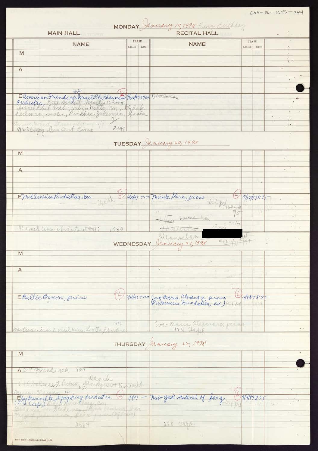 Carnegie Hall Booking Ledger, volume 43, page 44