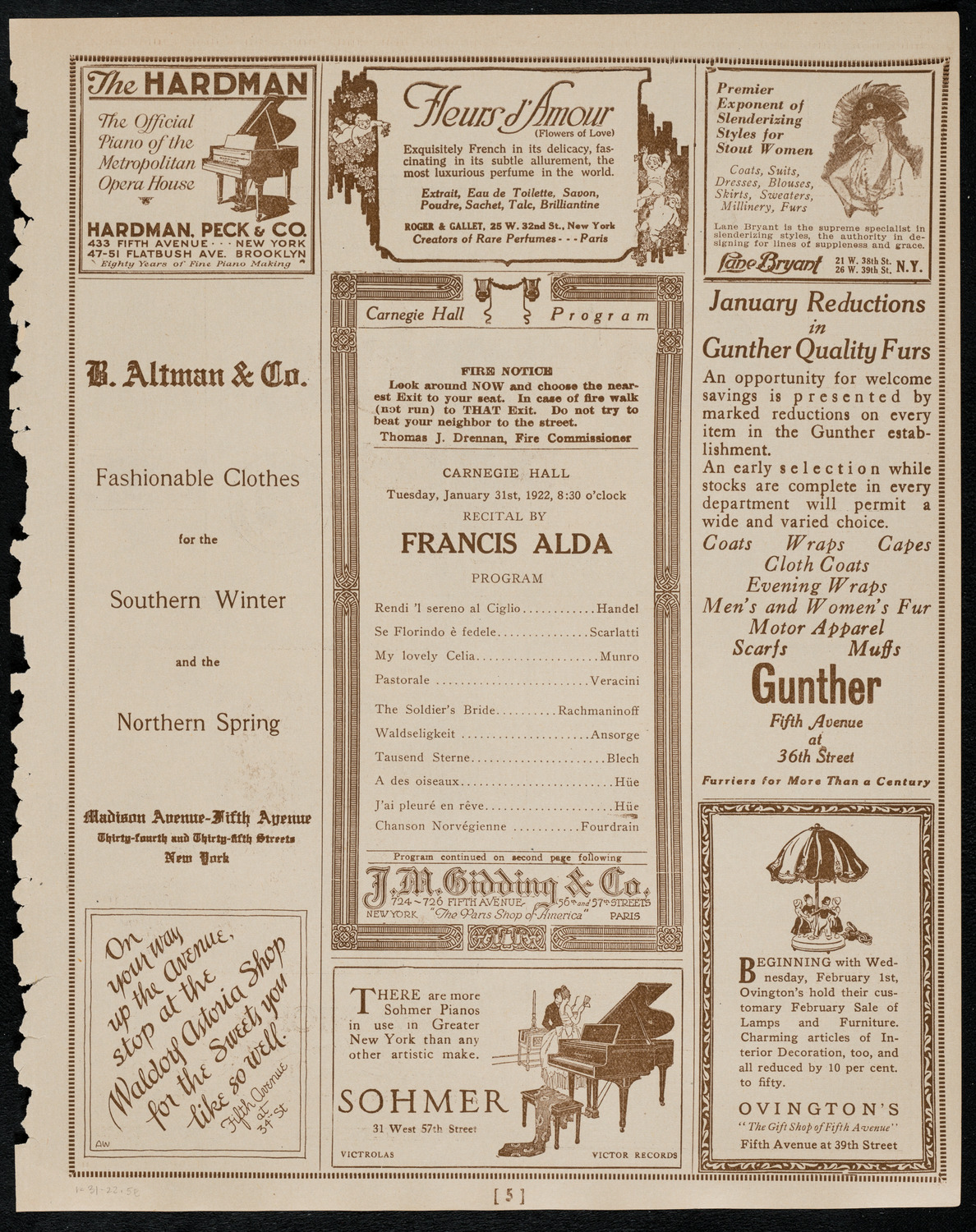 Frances Alda, Soprano, January 31, 1922, program page 5