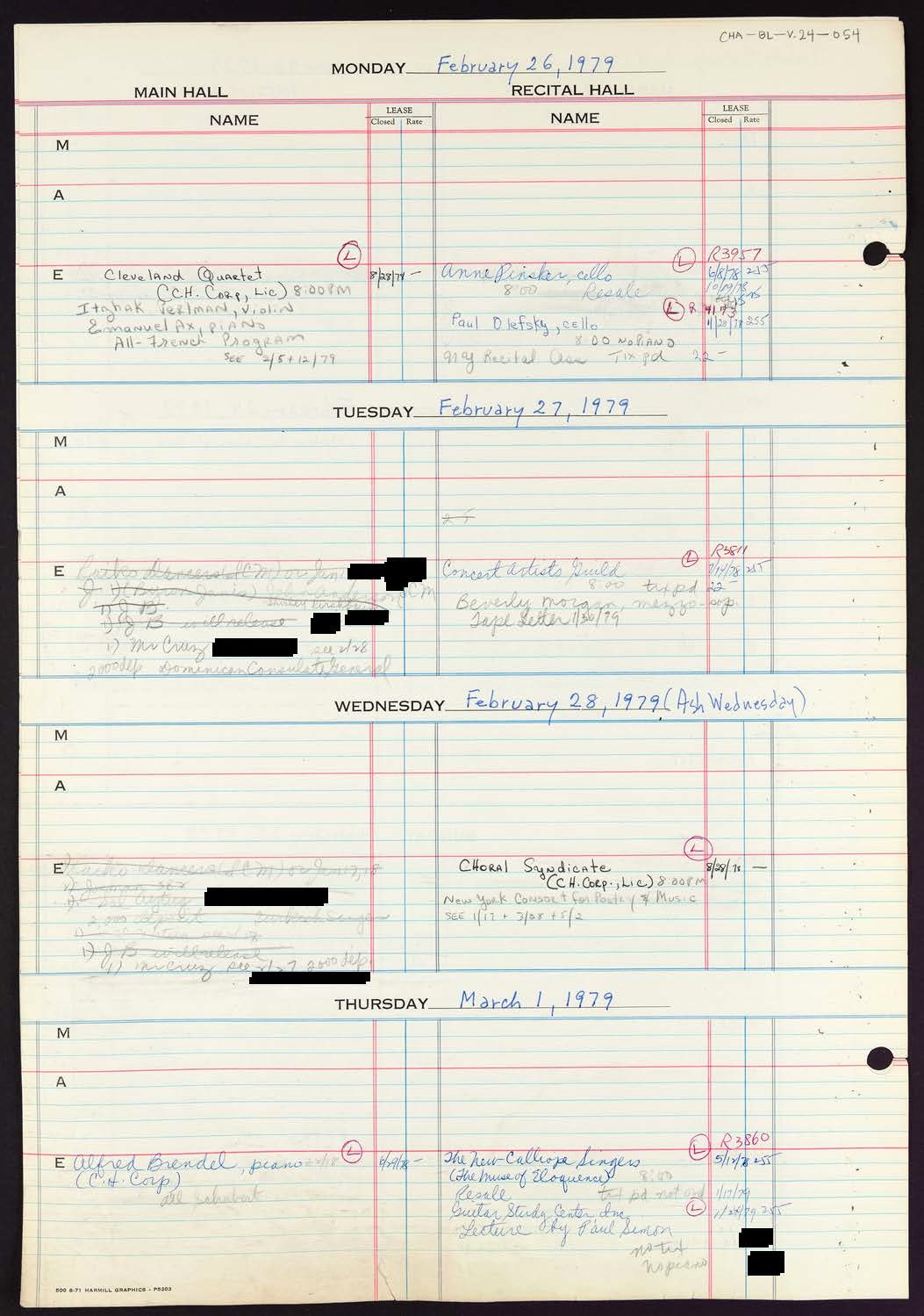 Carnegie Hall Booking Ledger, volume 24, page 54