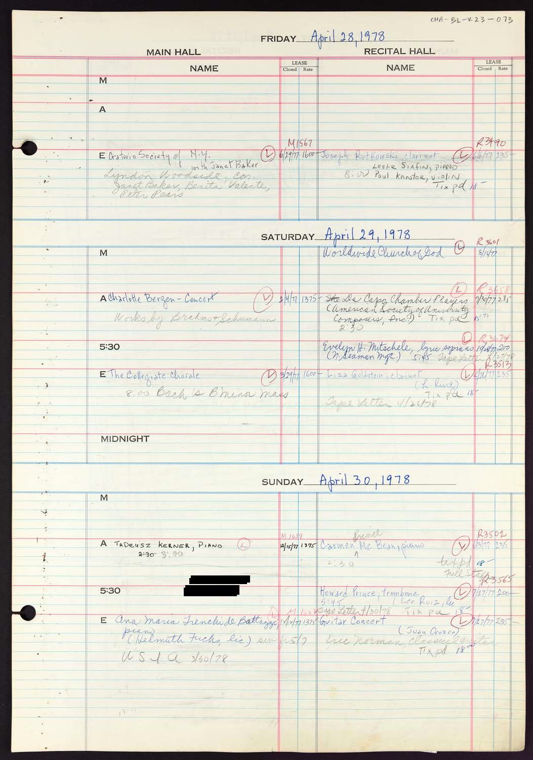 Carnegie Hall Booking Ledger, volume 23, page 73