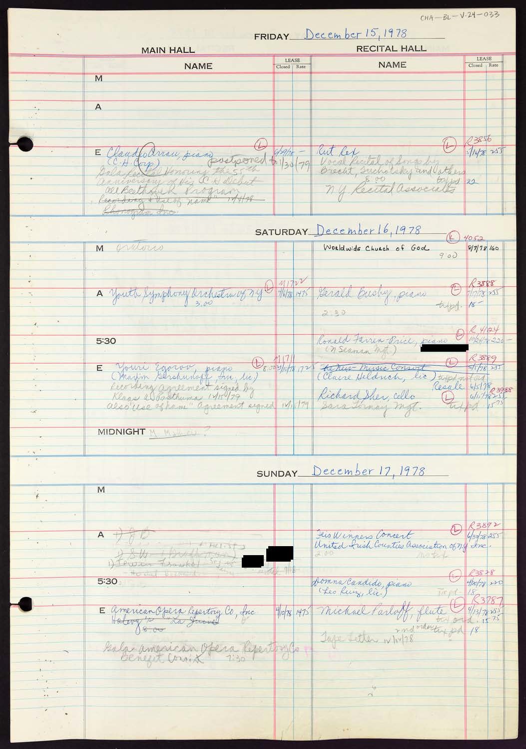 Carnegie Hall Booking Ledger, volume 24, page 33