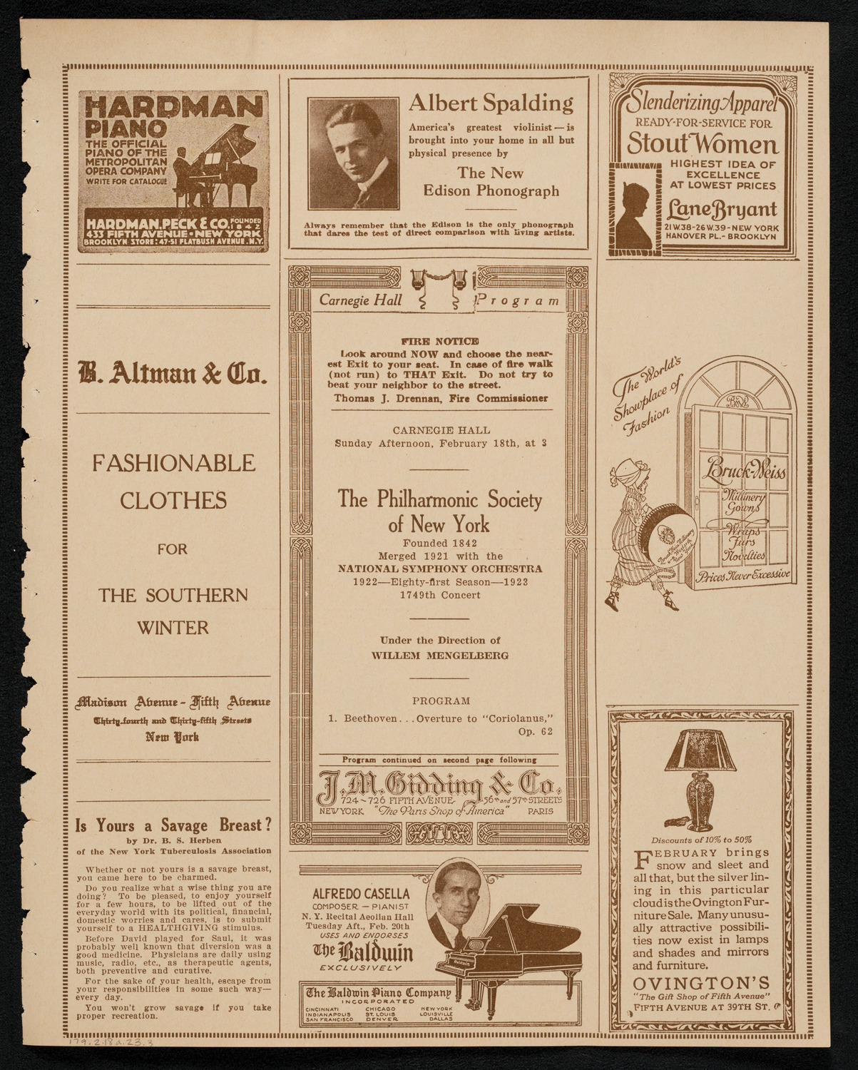 New York Philharmonic, February 18, 1923, program page 5
