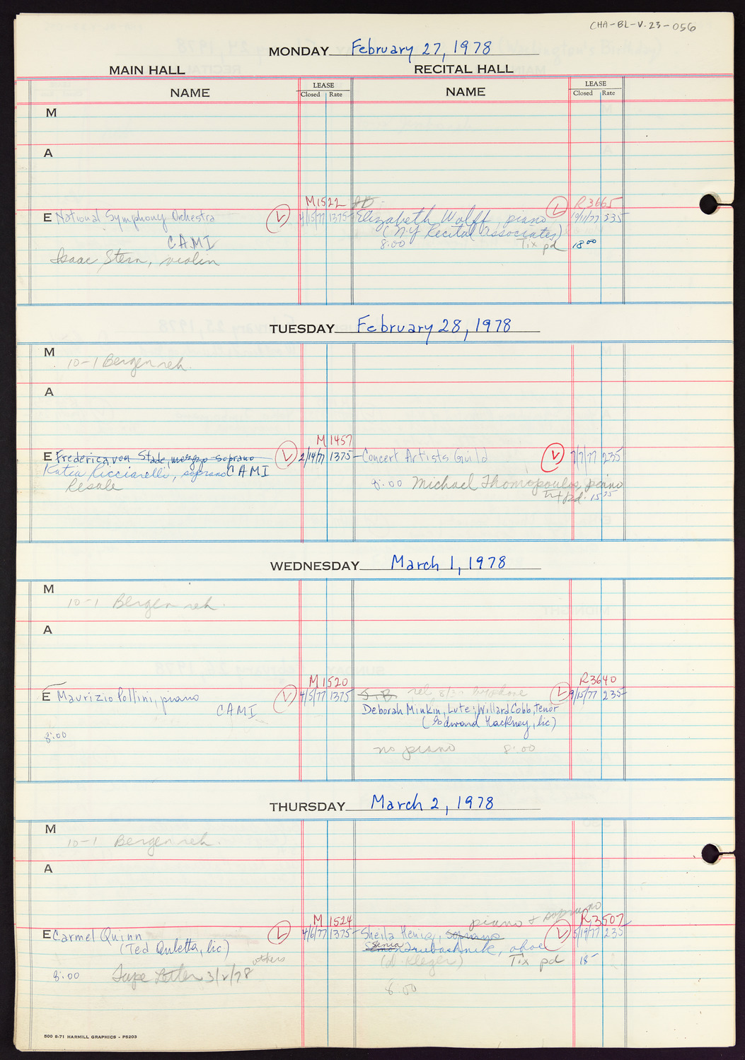 Carnegie Hall Booking Ledger, volume 23, page 56