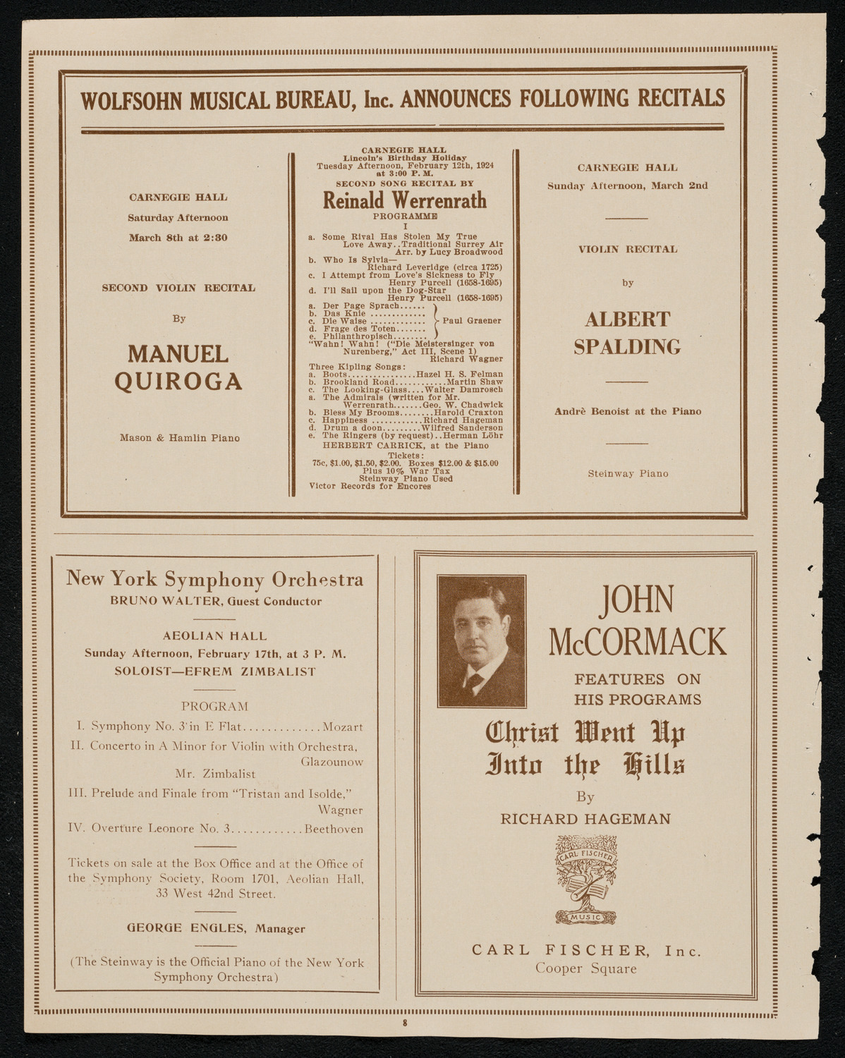 Lecture-Concert by Dr. G. Arthur Gayer, Mme. Wolf Rashkis, Alfredo Oswald, and Sepp Morscher, February 9, 1924, program page 8