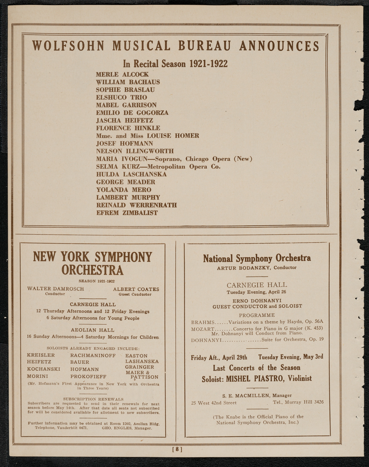 National Symphony Orchestra, April 24, 1921, program page 8