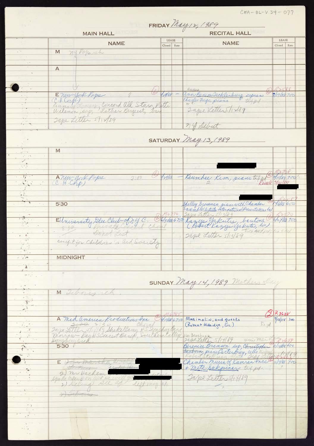 Carnegie Hall Booking Ledger, volume 34, page 77